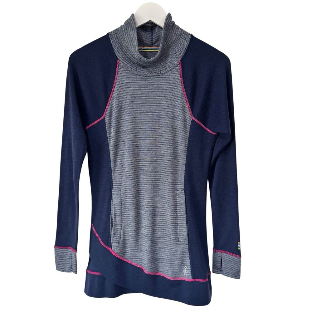 Smartwool Merino Wool Knit Top Blue Long Sleeve Mock Thumbholes Pocket Small EUC
